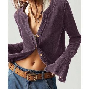 Solid Button Down Flared Raw stitch Long Sleeve Top